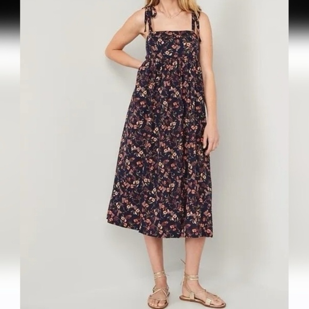 Navy Floral Print Midi Swing Tie Shoulder Square Neck Casual Flowy Summer Dress - Picture 3 of 16